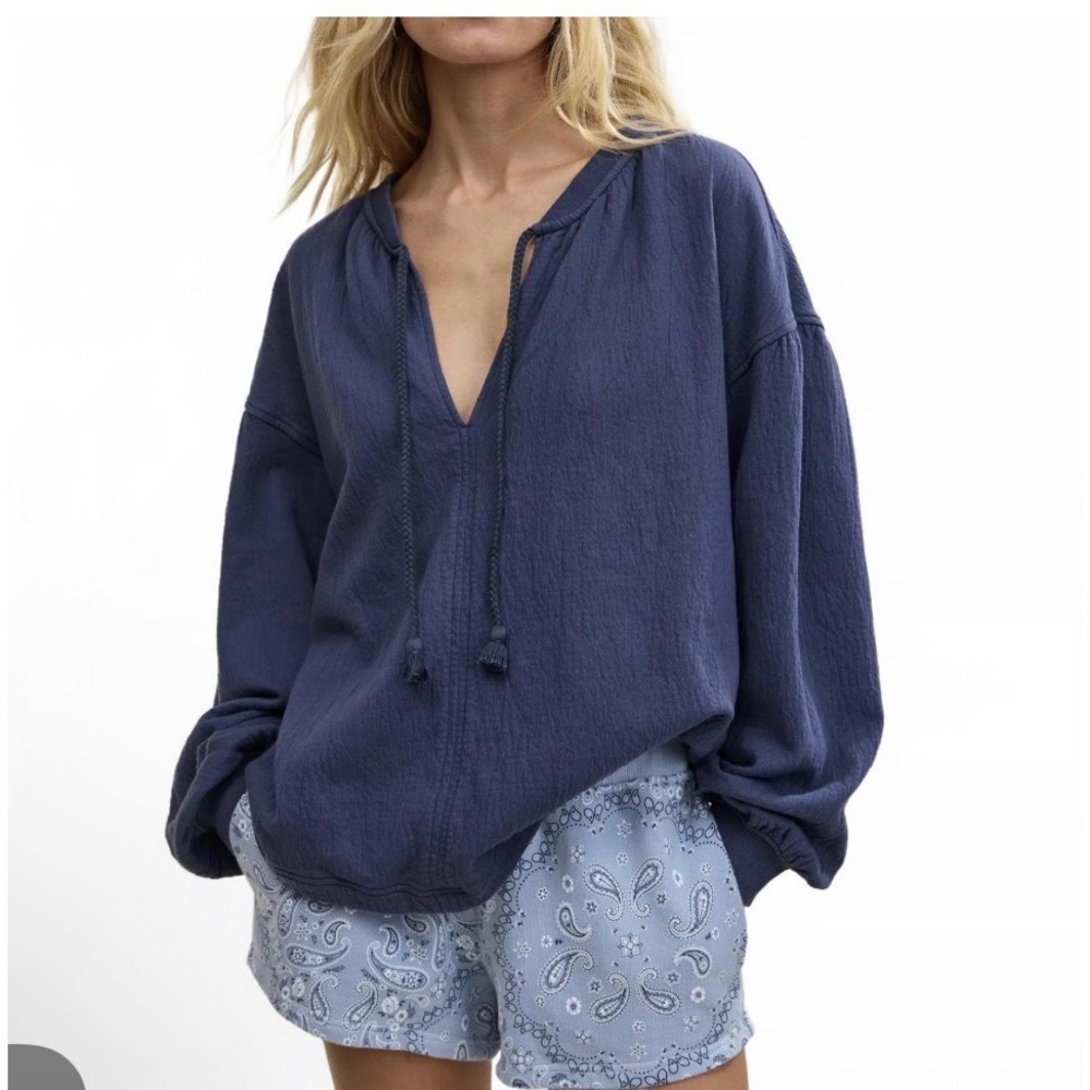 Aerie Sweatshirt Women's L Navy Blue Easy Street Textured Pullover Tunic Comfy